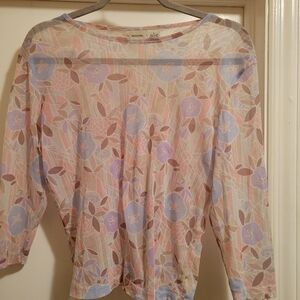 Y2K  2000s Merona Mesh Pastel Floral Mesh Sheer 3/4 Sleeve Top Womens Size Large
